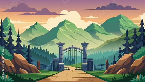 Vector art of a majestic gate opens to a scenic mountain landscape at sunset time