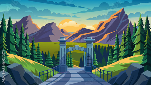 Vector art of a scenic mountain landscape with a gate leading to a beautiful vista