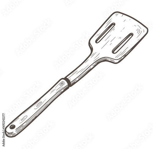 Detailed hand drawn illustration of a wooden slotted spatula kitchen cooking utensil