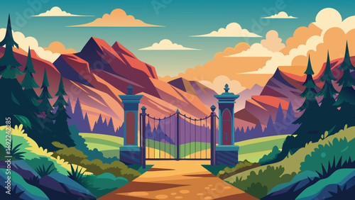 Vector art of a colorful mountain landscape with a gate leading to a scenic vista