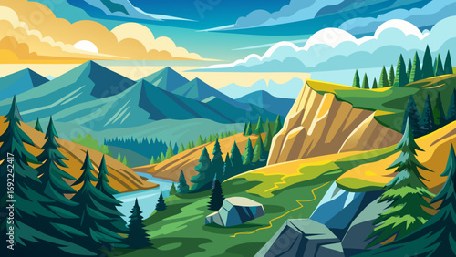 Vector art of beautiful mountain landscape with forest and river on a sunny day vector art
