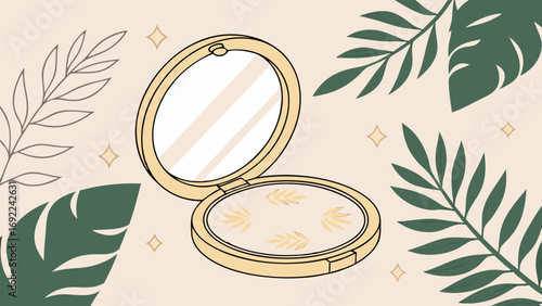 Compact powder cosmetic product beauty illustration makeup design elegant style floral pattern tropical leaves beige background flat lay pastel colors minimalist aesthetic skincare rou.