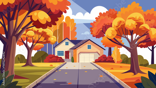 Vector art of autumn landscape with house surrounded by colorful trees on a sunny day