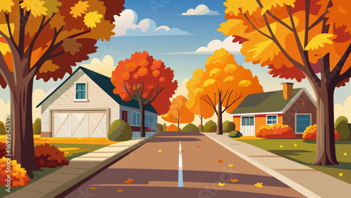 Vector art of autumn street with houses and colorful trees on a bright sunny day