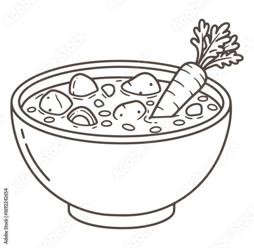 Hand drawn illustration of a bowl of soup with vegetables and a carrot garnish