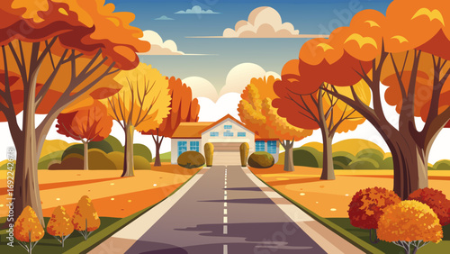 Vector art of autumn landscape with house and colorful trees on a bright sunny day