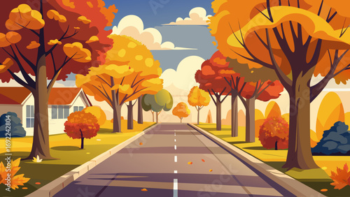 Vector art of autumn street view with colorful trees and houses in a neighborhood