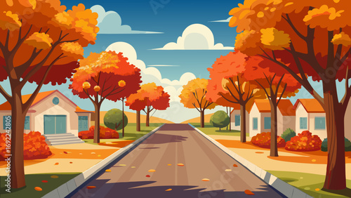 Vector art of picturesque autumn street with vibrant trees and charming houses illustration