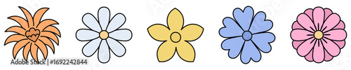Collection of flowers. Flower inflorescence. Orange chrysanthemum, white chamomile, blue cornflower, yellow narcissus, pink gerbera. Color vector illustration. Isolated white background. Cartoon.