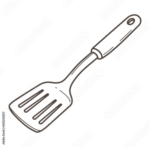 Hand drawn illustration of a kitchen slotted spatula cooking tool isolated on white background