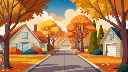 Vector art of residential street in autumn with colorful trees and houses in neighborhood
