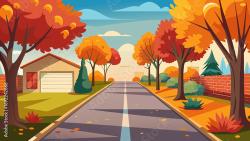 Vector art of autumn street with colorful trees and houses in a residential neighborhood