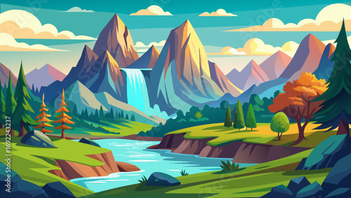 Vector art of cartoon landscape with mountains, waterfall, river, and trees in bright colors