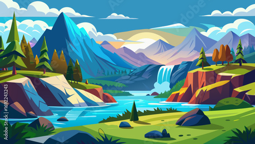 Vector art of cartoon landscape with mountains, waterfall, river, and trees in vivid colors