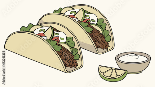 Delicious Tacos with Sauce and Lime Illustration for Menu Website or Recipe.