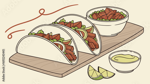 Delicious Tacos with Sauces and Lime Illustration Perfect for Menu Cookbook or Food Blog.