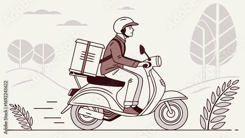 Delivery person riding a scooter in nature.