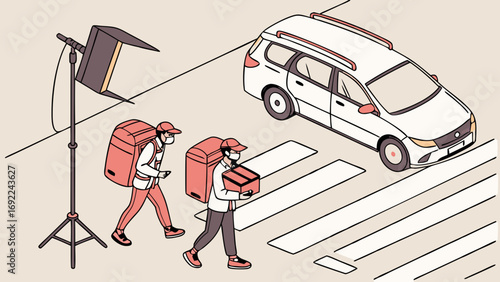 Delivery workers crossing the street with packages isometric illustration.