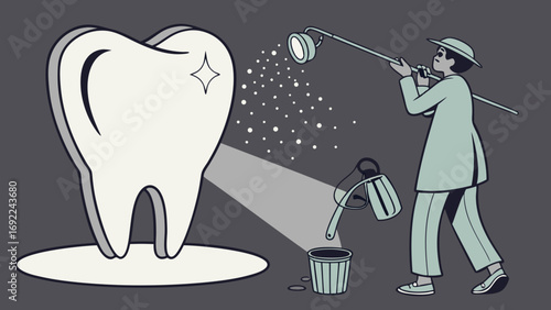 Dental Hygiene Illustration Cartoon Character Cleaning a Large Tooth with Light and Spray.