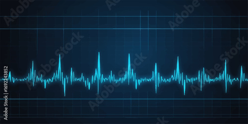 A medical monitor displays a heartbeat on an ECG trace, illustrating the rhythm of a person's pulse with a dynamic wave on the graph