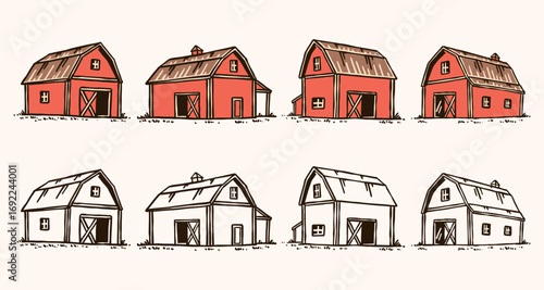 Hand Drawn Barn Illustration Set  - Vintage Farm Building colored and outline version