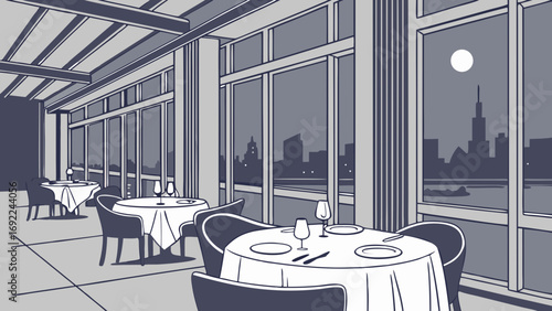 Elegant Restaurant Interior at Night with City View.