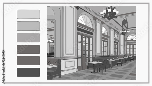 Elegant Restaurant Interior Design Monochrome Sketch Classic Cafe Style Tables and Chairs Architectural Drawing Grey Scale Palette Vintage Decor Interior Architecture Design Concept Home.