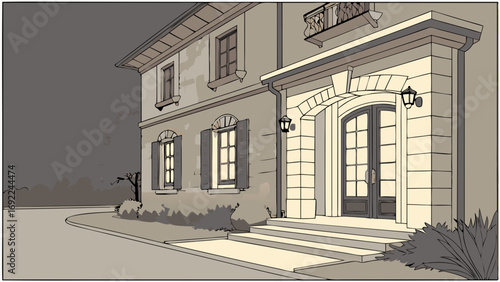 Evening Exterior of a Classic House with Shutters and Steps.