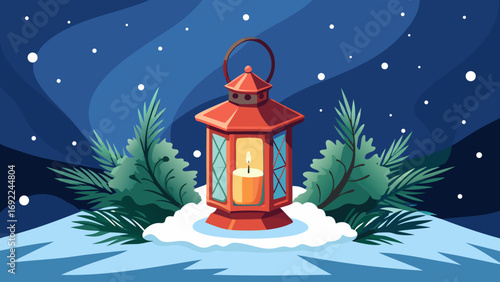 Vector art of red lantern with a candle in the snow among the fir branches at night