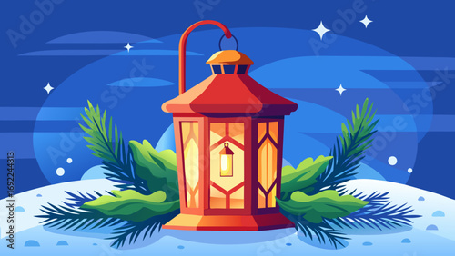 Vector art of christmas lantern with candle in winter landscape with pine trees and snow