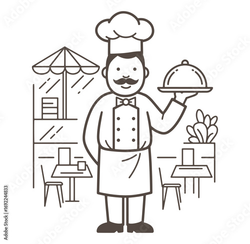 Stylized line drawing of a chef holding a covered plate in a restaurant setting