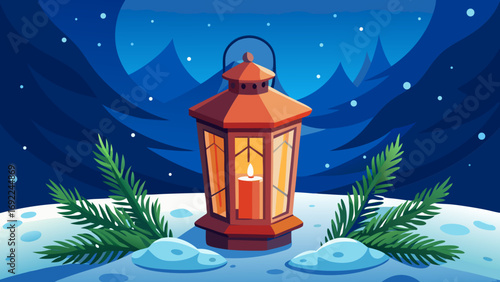 Vector art of red lantern with a candle in the snow among the fir branches at night