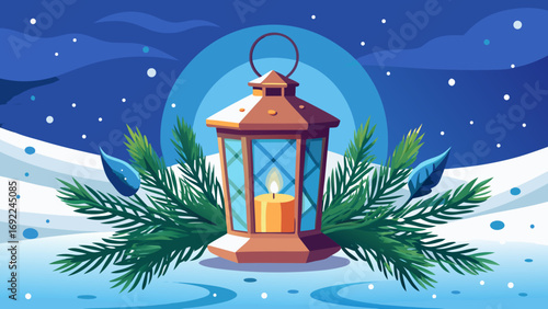 Vector art of a charming lantern with candle amidst snowy winter scenery at nighttime