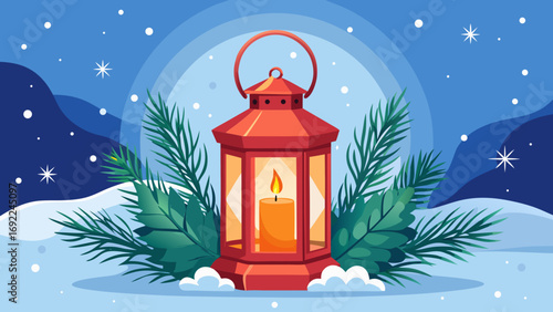 Vector art of a bright lantern with candle surrounded by snowy winter scenery at nighttime