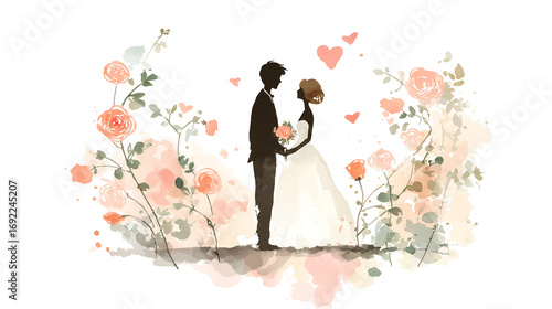 Hand Drawn Watercolor Marriage Ceremony Illustration with Bride and Groom Isolated on Transparent Background