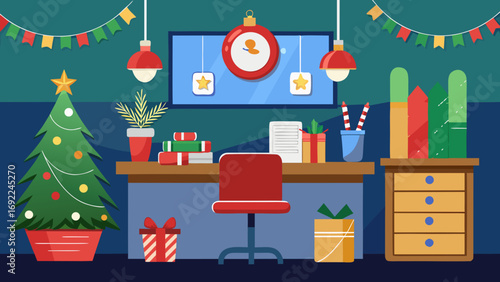 Vector art of christmas decorated office with tree, presents, and festive ornaments indoors