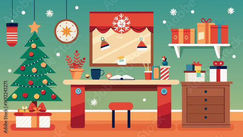 Vector art of festive christmas workspace with tree, presents, and cozy decorations indoors