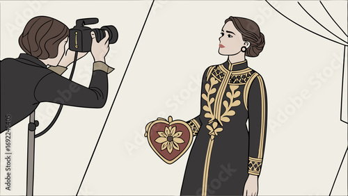 Fashion Photography Studio Shoot Photographer and Model Elegant Clothing Vintage Style Heart-Shaped Accessory.