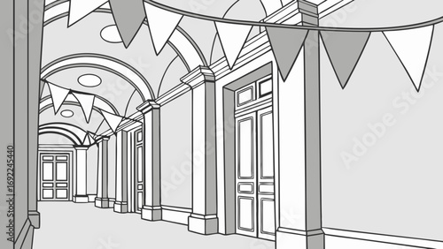 Festive Bunting Decorates an Elegant Hallway with Archways and Columns.