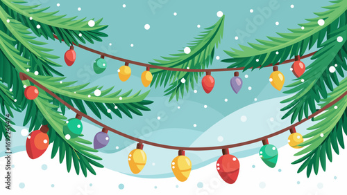 Vector art of christmas tree branch with light bulb and bauble decoration background