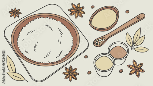 Flat lay illustration of cooking ingredients and beverages spices and dairy products for recipe food blog or culinary design.