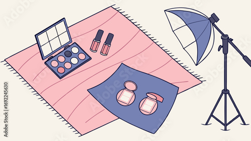 Flat lay of cosmetics and photography lighting setup for product photography or beauty blog post.