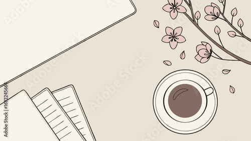 Flatlay illustration of workspace with coffee notebook and flowers.