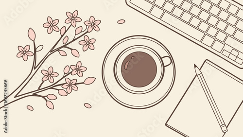 Flatlay illustration of coffee keyboard notebook and blossom branch.