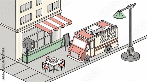 Isometric Illustration of Food Truck Street and Building with Outdoor Seating.