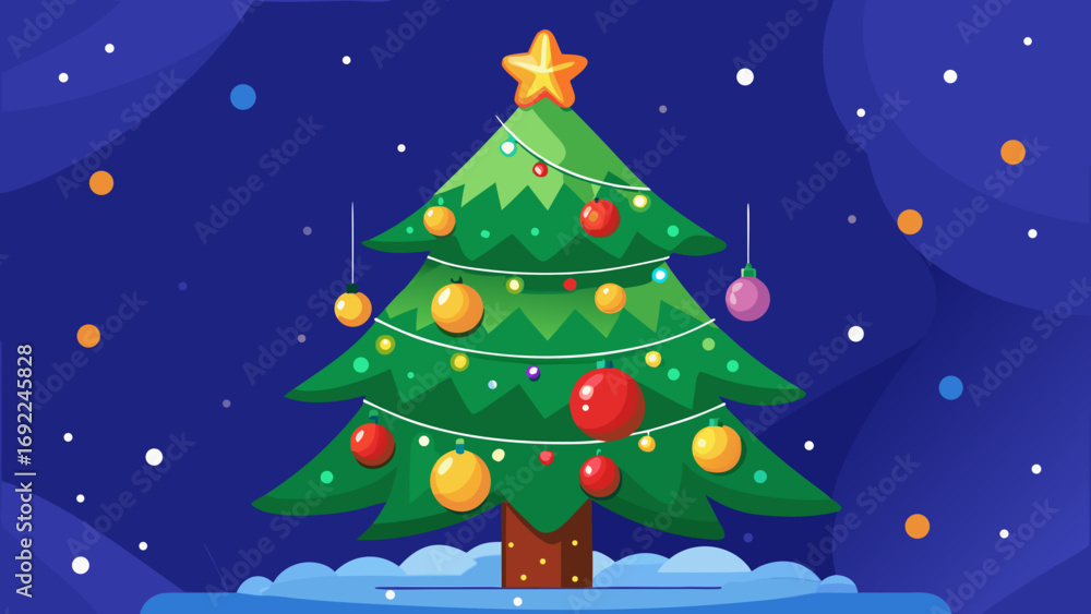 Fototapeta premium Vector art of christmas tree decorated with ornaments and a star on a dark blue background