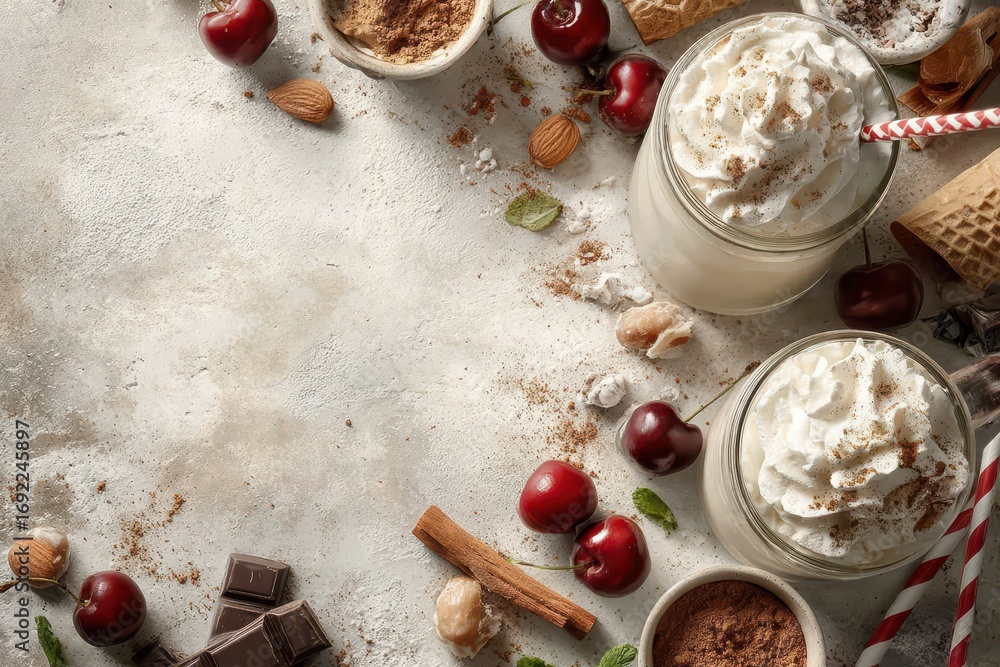 Fototapeta premium Delicious cold milkshakes with whipped cream, fresh cherries, and spices.