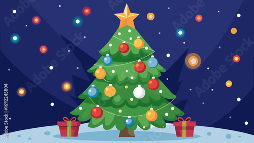 Vector art of christmas tree with colorful ornaments and gifts on a snowy background scene