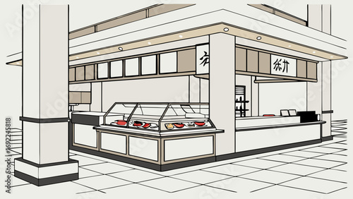 Food kiosk design interior sketch restaurant illustration cafe counter retail display food court shop drawing commercial space minimal design clean lines simple illustration food servi.
