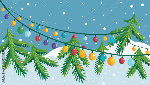 Vector art of christmas garland with fir branches and colorful lights on snowy background